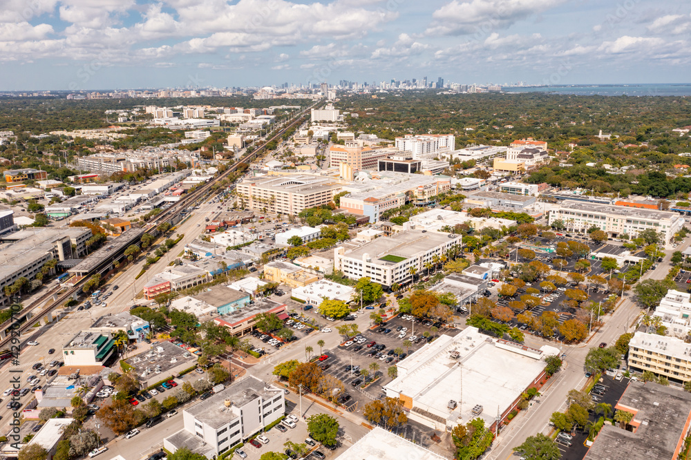 South Miami sunset Place facing towards downtown district shot with aerial drone