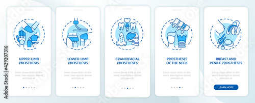 Implants types onboarding mobile app page screen with concepts. Lower-limb, neck prosthesis walkthrough 5 steps graphic instructions. UI, UX, GUI vector template with linear color illustrations