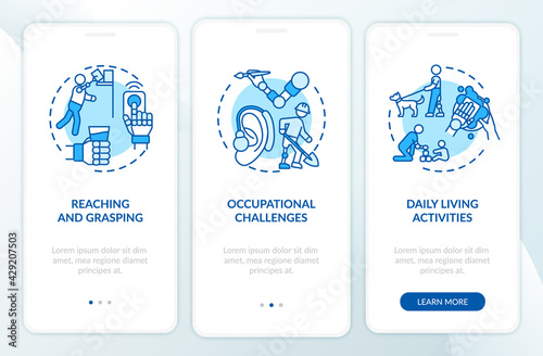 Upper limb prostheses tasks onboarding mobile app page screen with concepts. Grasping by hand walkthrough 3 steps graphic instructions. UI, UX, GUI vector template with linear color illustrations