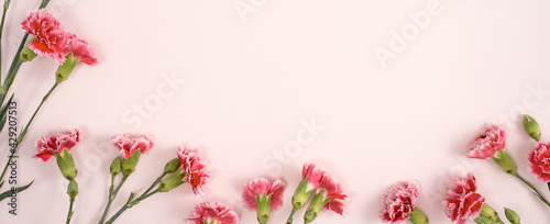 Design concept of Mother's day holiday greeting with carnation bouquet on pink table background