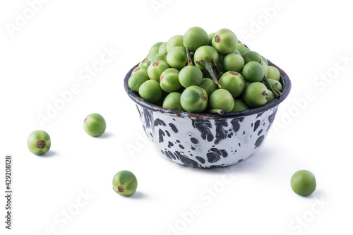 turkey berry, also called wild eggplant or pea eggplant, cup full of round vegetable isolated on white background photo