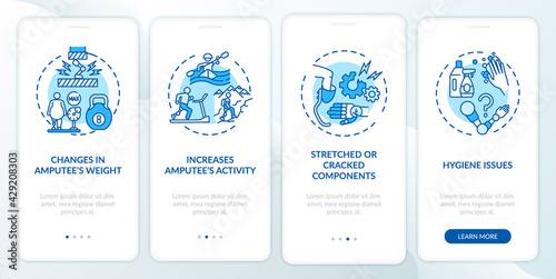 Prosthetics replace conditions onboarding mobile app page screen with concepts. Amputee activity walkthrough 4 steps graphic instructions. UI, UX, GUI vector template with linear color illustrations