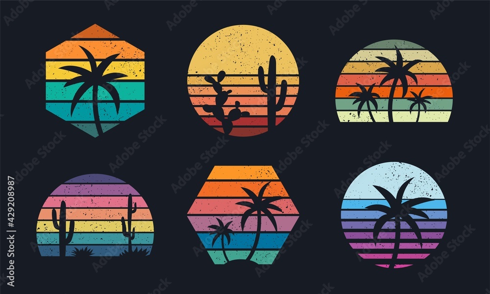 Retro sunset collection 80s style. Striped colorful shapes with tropical palms and cacti - obrazy, fototapety, plakaty 
