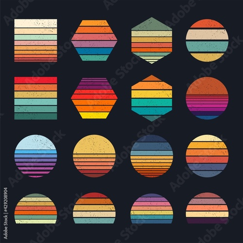 Retro sunset collection for banner or print. 80s style retrowave striped shapes with different forms and colors. Grunge effect © Marina