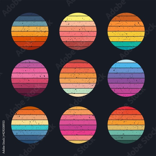 Retro sunset collection 80s style. Striped colorful circles with grunge effect texture