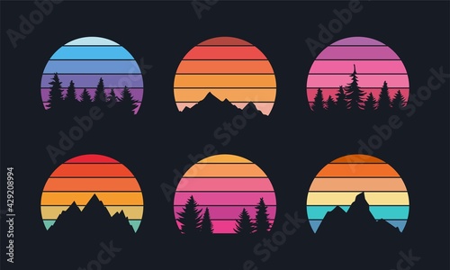 Retro sunset collection for banner or print. 80s style retrowave striped circles with mountains and forest trees © Marina