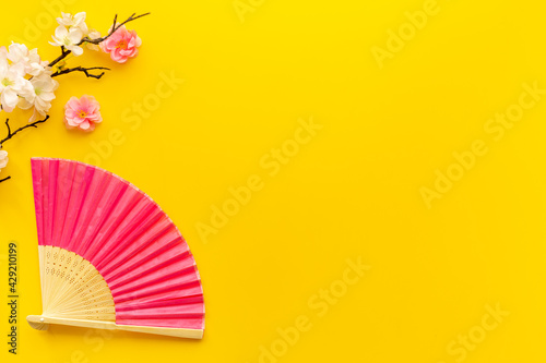 Chinese hand fan with cherry blossom branch. Top view
