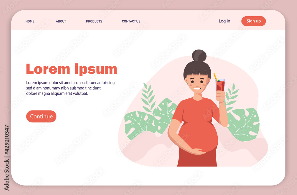 Landing page, pregnant woman with a smoothie. Pregnant woman concept vector illustration in cute cartoon style, healthcare, pregnancy. Healthcare concept Landing page, pregnant woman with a smoothie. Pregnant woman concept vector illustration in cute cartoon style, healthcare, pregnancy. Healthcare concept