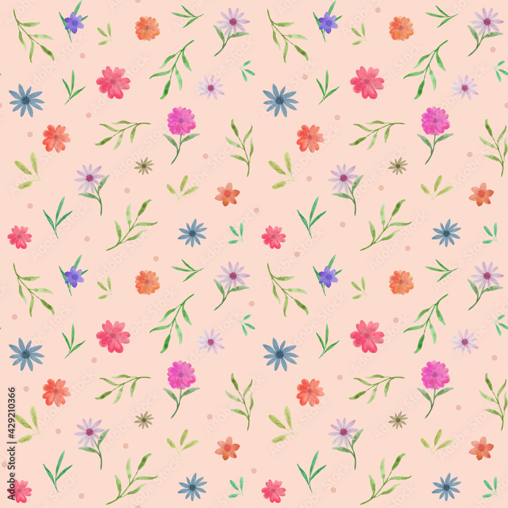 Seamless hand-drawn watercolor floral pattern. Colorful bright flowers, leaves, dots on a soft pink background. Stylish design for fabrics, textile, packaging, home decor, kids products, cards, poster
