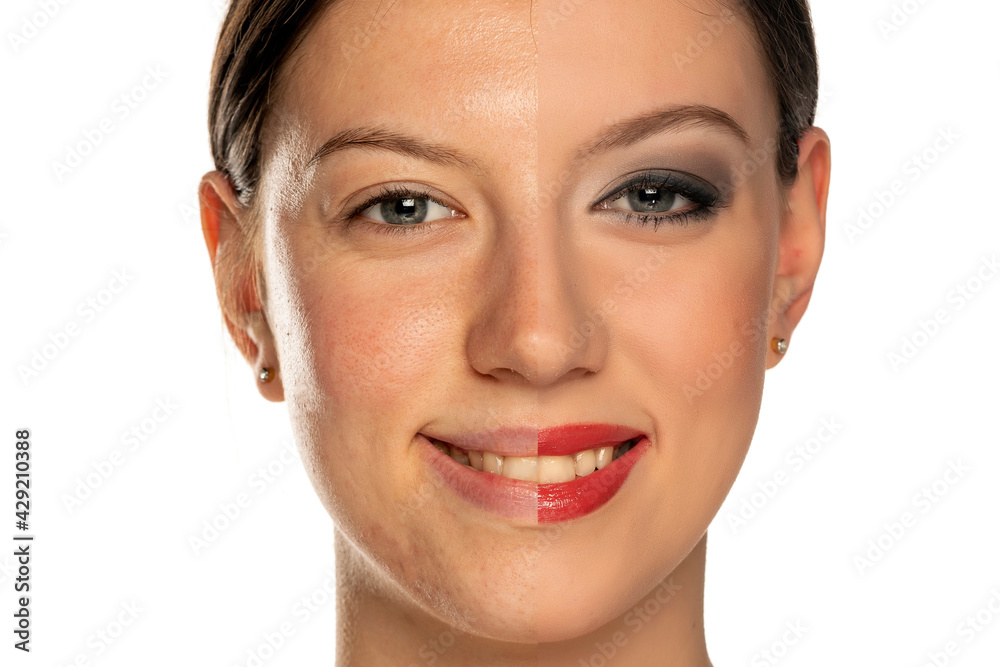 Comparison portrait of a woman without and with makeup Comparison portrait of a woman without and with makeup