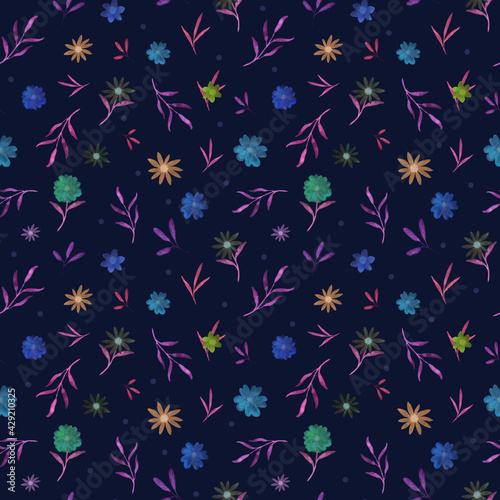 Seamless colorful neon watercolor floral patterns on dark blue background. Hand-drawn flowers, twigs with leaves. Old fashioned print for fabrics, textiles, wrapping paper, home decor, scrapbooking