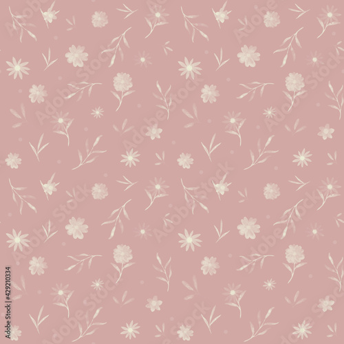 Watercolor translucent beige flowers and leaves on a soft pink background. Beautiful feminine design for textile, fabric, girls goods, wallpaper, invitations, cards, home decor, curtains, scrapbooking