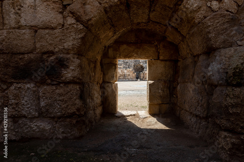 Exit from the tunnel under the tribune to the arena, in the ruins of the Beit Guvrin amphitheater, near Kiryat Gat, Israel