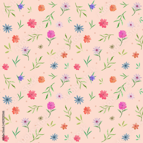 Seamless hand-drawn watercolor floral pattern. Colorful bright flowers, leaves, dots on a soft pink background. Stylish design for fabrics, textile, packaging, home decor, kids products, cards, poster