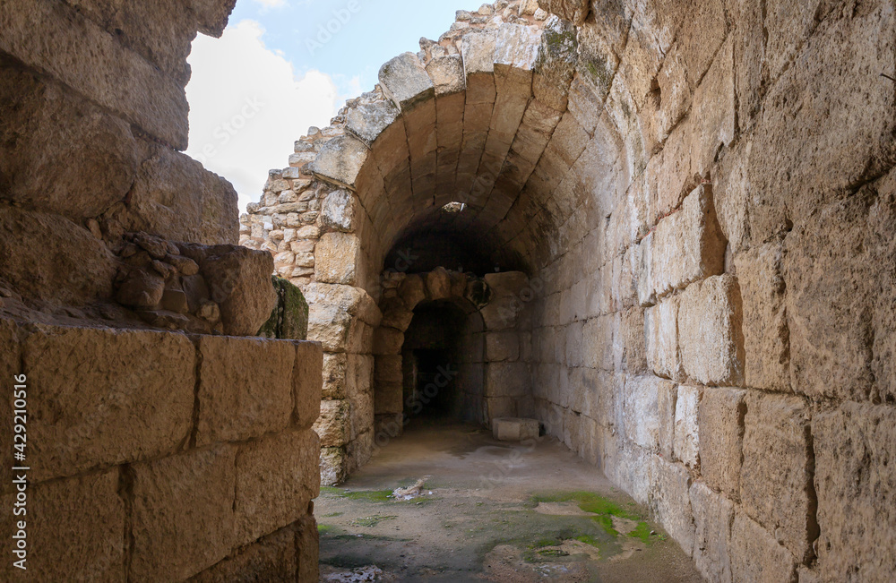 Remains  of a tunnel under the podium at the ruins of the Beit Guvrin amphitheater, near Kiryat Gat, Israel