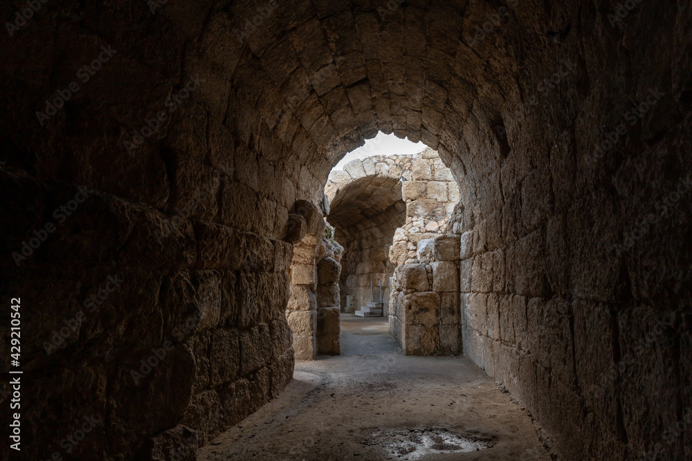 Remains of a tunnel under the podium at the ruins of the Beit Guvrin amphitheater, near Kiryat Gat, Israel