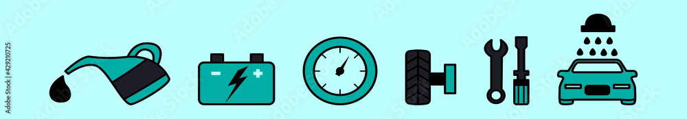 set of car services cartoon icon design template with various models. vector illustration isolated on blue background set of car services cartoon icon design template with various models. vector illustration isolated on blue background