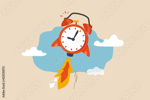 Time to start new business, entrepreneurship to launch project or time management concept, ringing alarm clock with rocket booster successfully launching high into the sky.