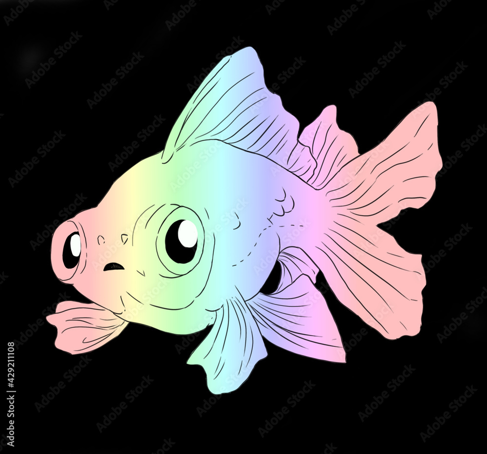 Digital illustration of a rainbow colored dragon eye goldfish on a