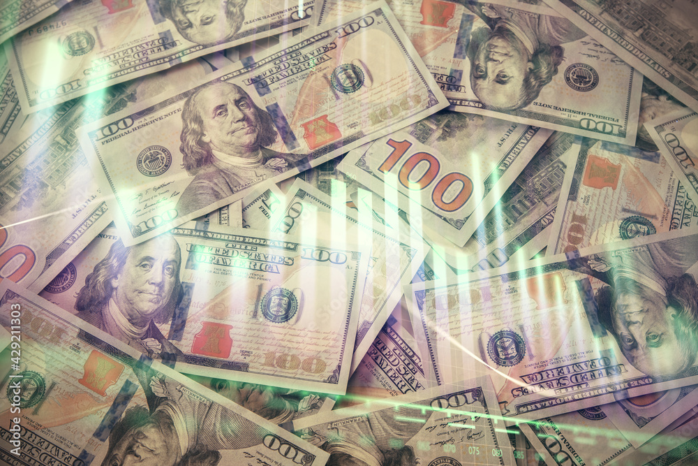 Multi exposure of forex chart drawing over us dollars bill background. Concept of financial success markets. Multi exposure of forex chart drawing over us dollars bill background. Concept of financial success markets.