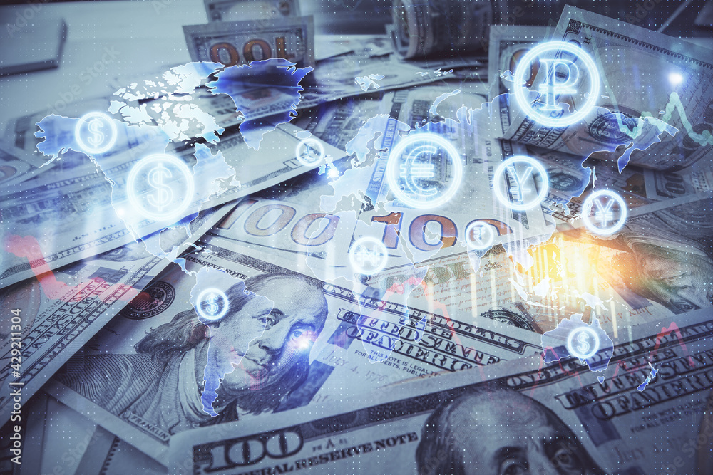 Fototapeta premium Multi exposure of forex chart drawing over us dollars bill background. Concept of financial success markets.