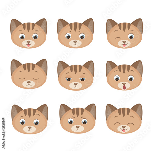 Set of cats on white background. Cute cat faces  facial expressions  different emotions.