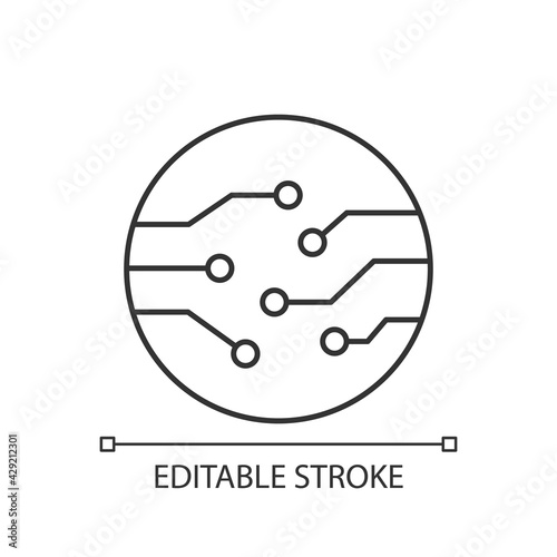 Circuit board connectors linear icon. Electronic connections to make connections. Thin line customizable illustration. Contour symbol. Vector isolated outline drawing. Editable stroke