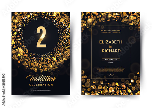 2nd year birthday vector black paper luxury invitation double card. Two year wedding anniversary celebration brochure. Template of invitational for print on dark background with bokeh lights