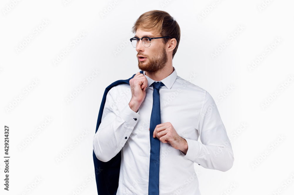 business man with a jacket on his shoulder blond glasses tie work business man with a jacket on his shoulder blond glasses tie work