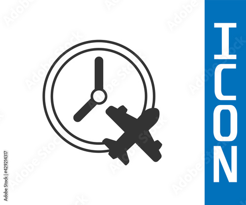 Grey Clock with airplane icon isolated on white background. Designation of time before departure, check-in for flight and arrival time symbol. Vector