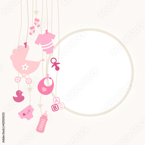 Links Hängende Babysymbole Mädchen Pink Runder Rahmen Beige