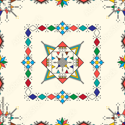 Decorative geometric repeating pattern inspired by Al-Qatt Al-Asiri traditional paintings