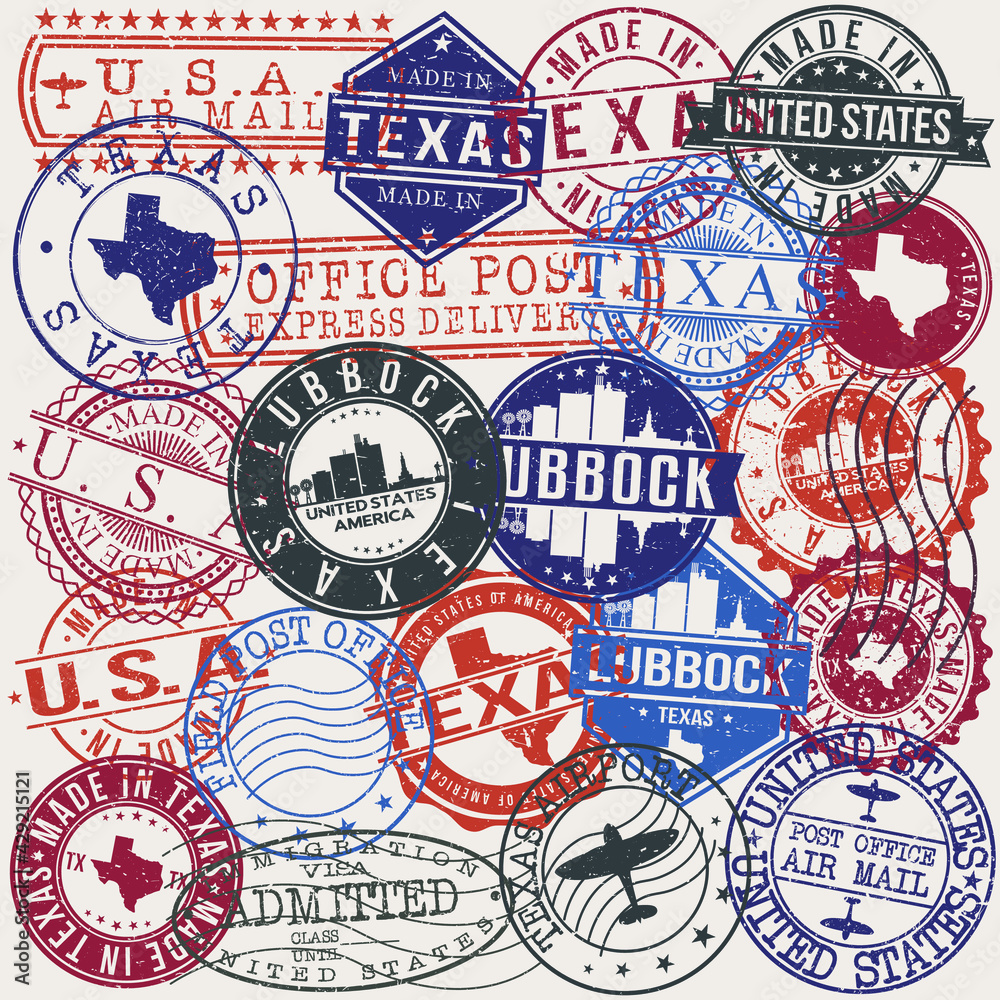 Lubbock Texas Set of Stamps. Travel Stamp. Made In Product. Design Seals Old Style Insignia.