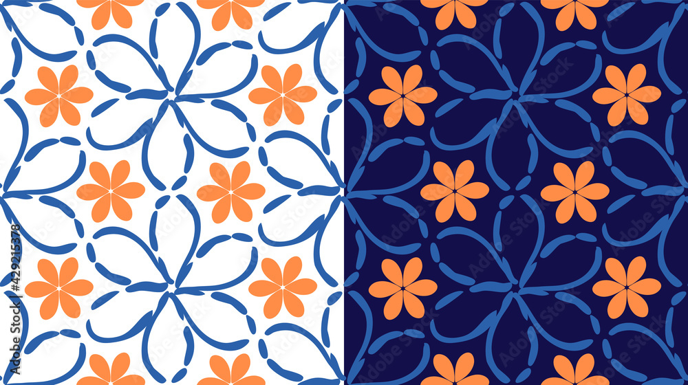 Floral geometric seamless pattern, doodle style, simple flower shapes, orange color. Blue, white background. Vector