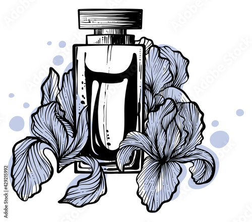 Perfume bottles with iris flowers around, color vector
