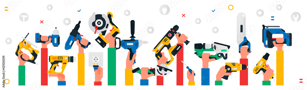Construction tool in hands. Collection of hands holding construction tools. Power tool for construction work. Jigsaw, nailer, circular saw, impact wrench, cordless grinder, rotary hammer drill.Vector - obrazy, fototapety, plakaty 