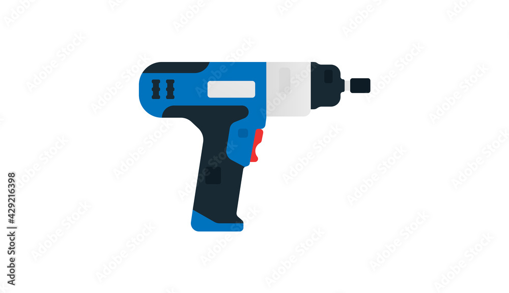 Electric impact wrench, cordless impact side view. Power tools for home, construction and finishing work. Professional worker tool. Vector illustration isolated on white background.