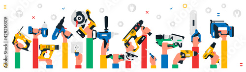 Construction tool in hands. Collection of hands holding construction tools. Power tool for construction work. Jigsaw, nailer, circular saw, impact wrench, cordless grinder, rotary hammer drill.Vector