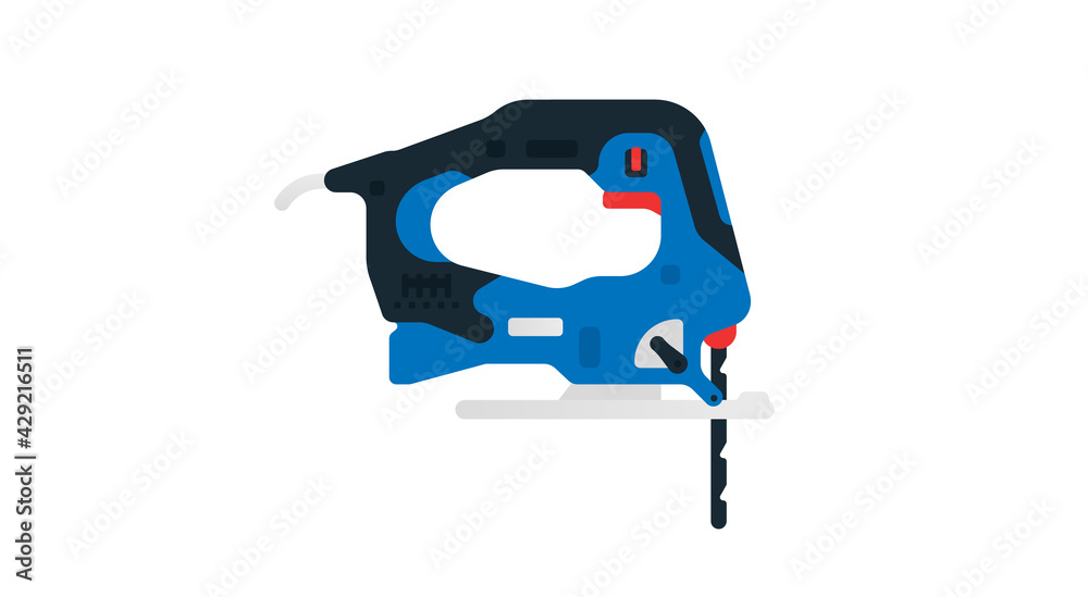 Electric jigsaw side view. Power tools for household, carpentry, construction and finishing work. Professional worker tool. Vector illustration isolated on white background. Electric jigsaw side view. Power tools for household, carpentry, construction and finishing work. Professional worker tool. Vector illustration isolated on white background.