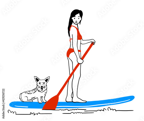 A girl and a dog ride on the water with a sup surfboard, vector. Sports illustration concept in orange and blue colors isolated on white. doodle, doodle style