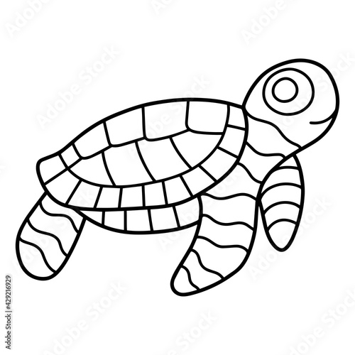 Cartoon linear hand-drawn turtle coloring page stock vector illustration. Doodle little sea turtle black outline isolated on white. Cute marine reptile animal vector illustration
