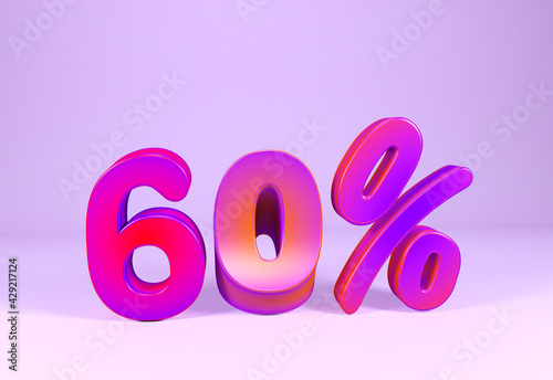 60% discount promotion set made of realistic numbers, Sale Discount Banner with color background, Sixty Percent 3D Rendering Image.