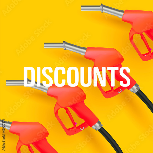Web banners for social media with bright red 3d fuel or gas nozzle illustration on bright yellow backdrop