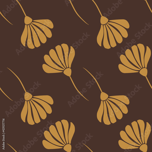 Bloom seamless nature pattern in autumn tones with light beige flowers on brown background.