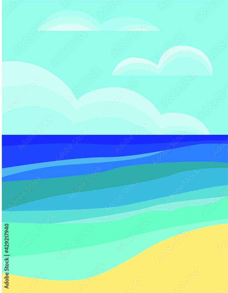 Abstract landscape with sea, ocean, sun and clouds. Vector background, illustration with a summer beach.
