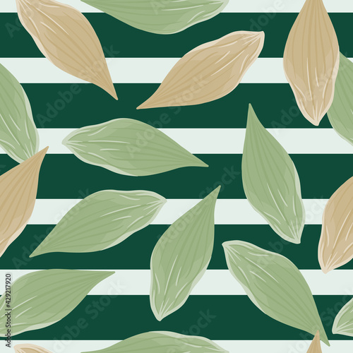 Bloom seamless pattern with green and pink colored leaves doodle ornament. Random print on green striped background.