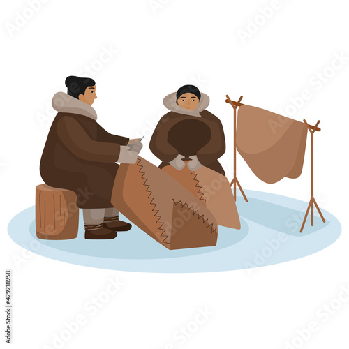 Composition traditional Eskimo women isolated on white background. Woman sewing national clothes animal skin.