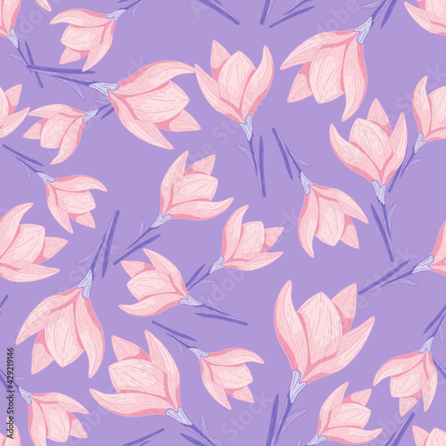 Seamless doodle pattern with pink crocus flower simple ornament. Pastel purple background. Floral backdrop.