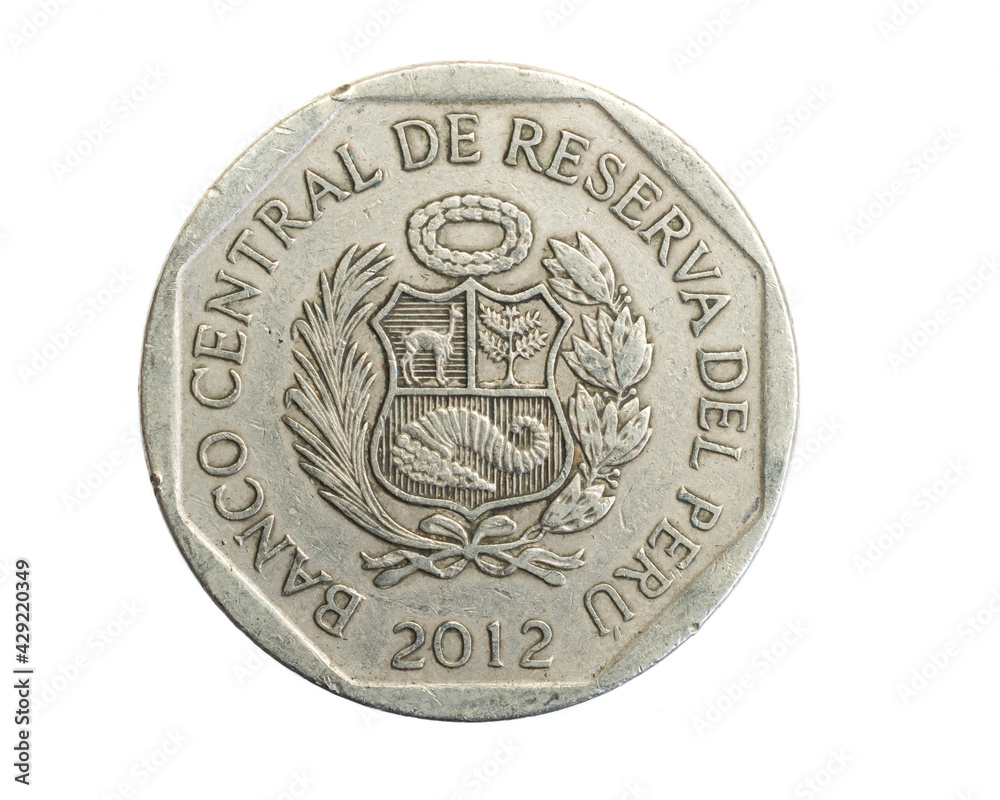 Peru one sol coin on white isolated background