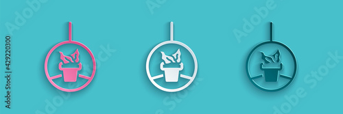 Paper cut Plant in hanging pot icon isolated on blue background. Decorative macrame handmade hangers for flower pot, hang indoor plants. Paper art style. Vector